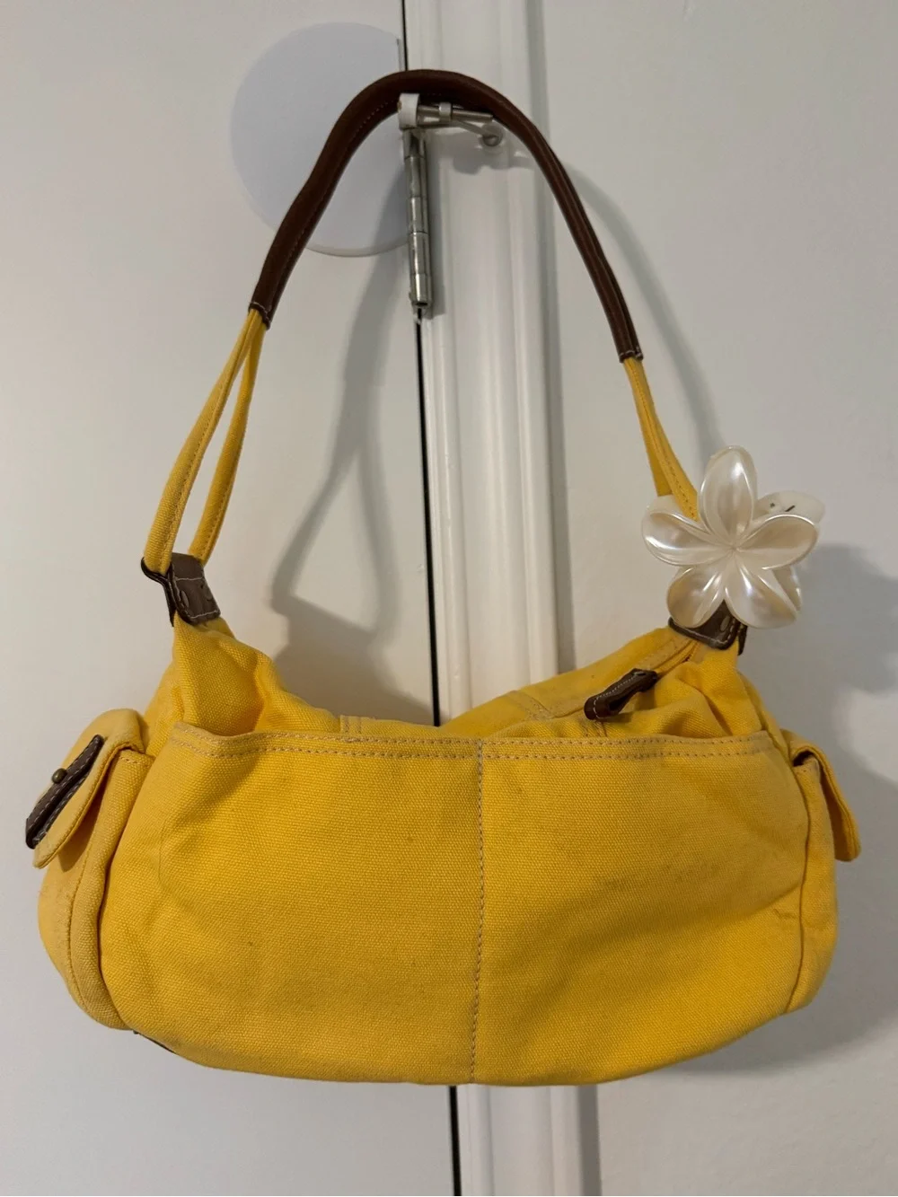 Yellow Canvas Shoulder Bag with Brown Handle